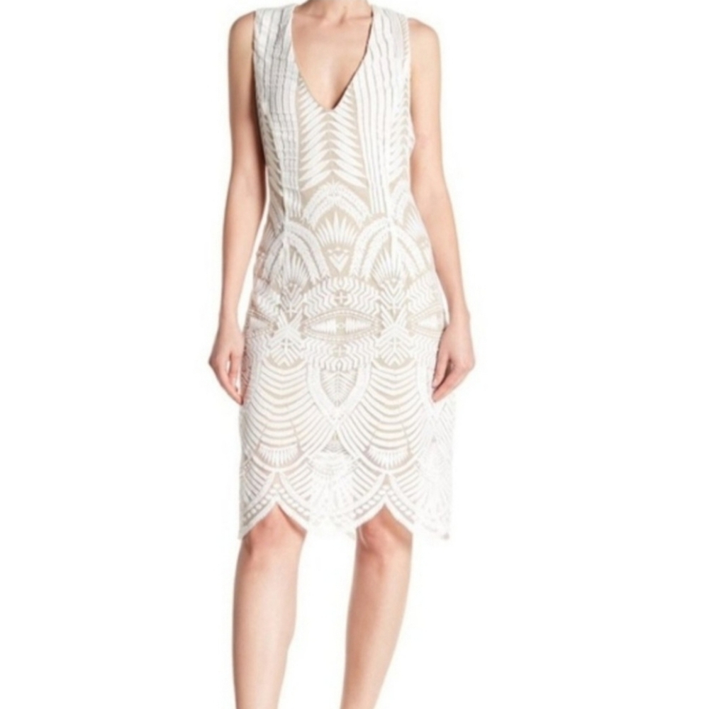 ABS Dress Size 12 White & Nude Lace Overlay V Neck Scalloped Hem Sleeveless